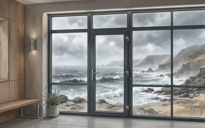 Storm view through a dark aluminium door and window system, showing a coastal scene of waves and cliffs beyond the glass.