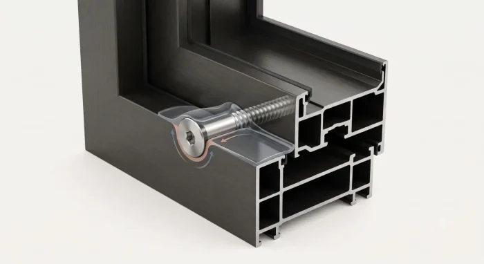 Cutaway illustration of a hollow aluminium window frame profile showing a fixing screw isolated from the metal by a protective sleeve, preventing direct dissimilar-metal contact.