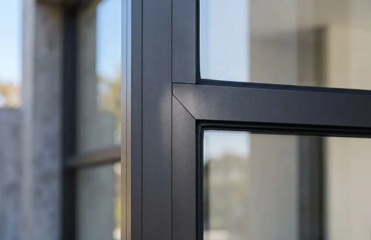 Close-up of a mitred corner joint on a dark aluminium window frame, exterior daylight shot.