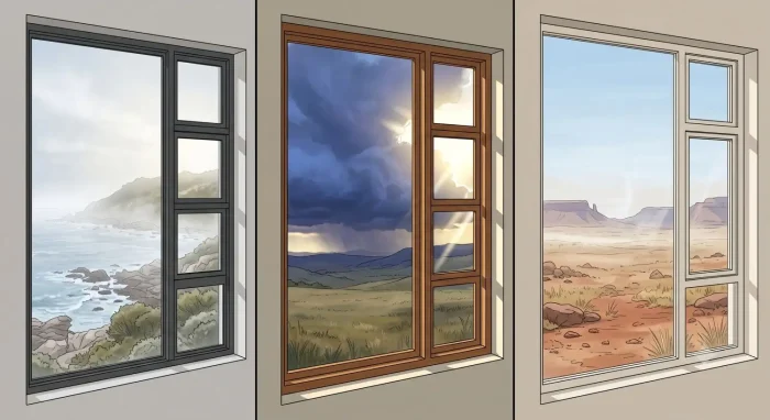 Three illustrated windows in different frame materials, each showing a different view through the glass — an aluminium-framed window onto a misty coastline, a timber-framed window onto a stormy highveld landscape, and a uPVC-framed window onto an arid, rocky terrain.