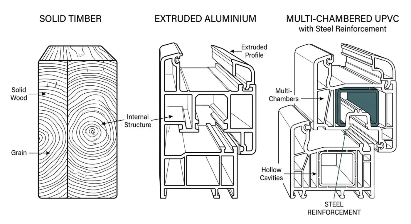 Labelled cross-section diagram comparing solid timber, extruded aluminium, and multi-chambered uPVC frame profiles, with the uPVC profile showing steel reinforcement.