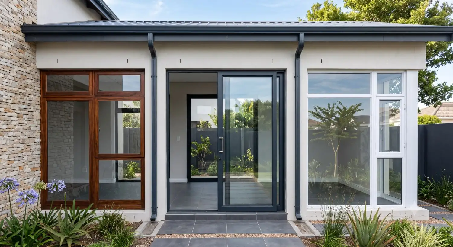 A house exterior with three window and door types side by side — a dark timber-framed window, a grey aluminium sliding door, and a white uPVC window and door.