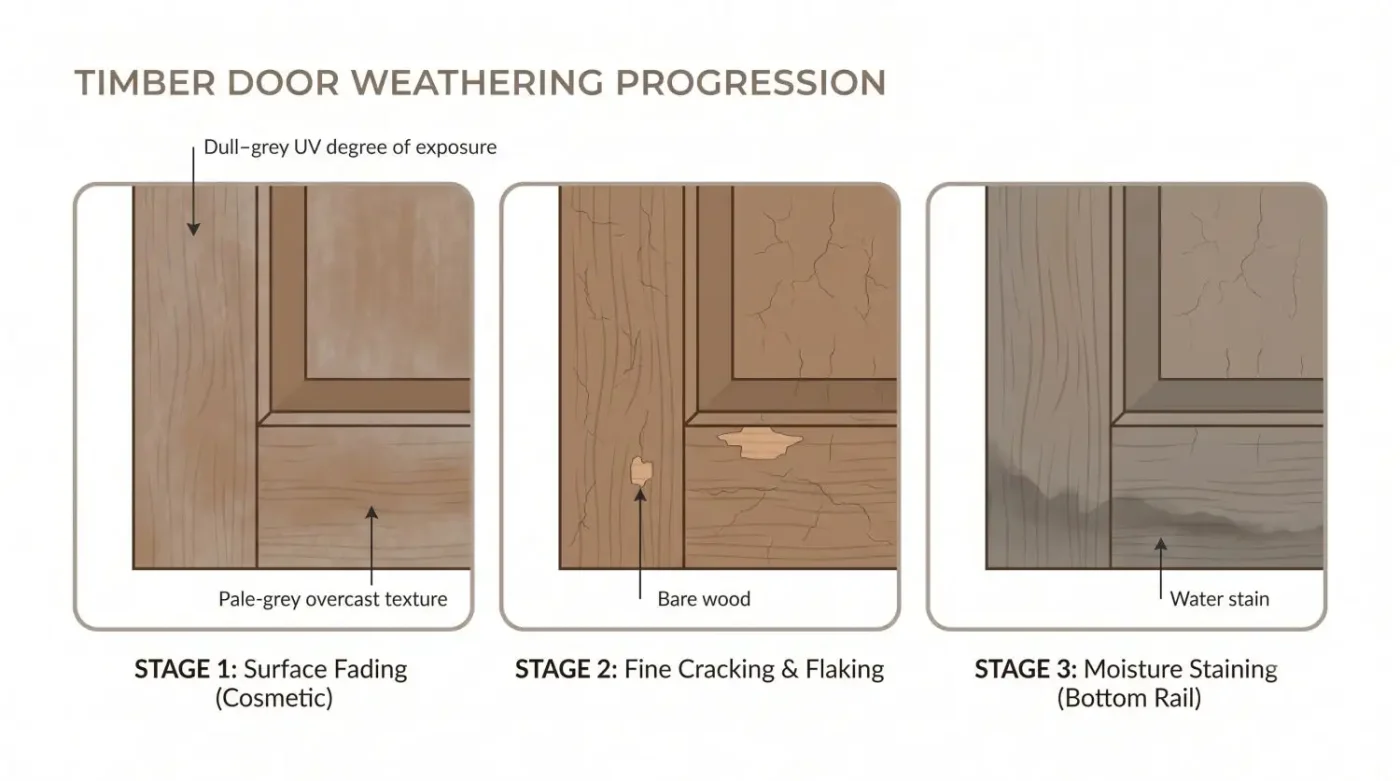 Three-stage diagram of timber door weathering, from surface fading to fine cracking and flaking to moisture staining on the bottom rail.