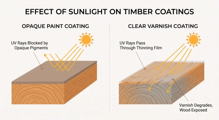Diagram comparing how sunlight affects timber coatings — opaque paint blocks UV rays, while clear varnish lets UV pass through and degrade, exposing the wood underneath.
