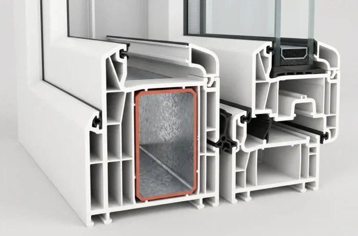 Cutaway of a uPVC window frame profile showing a galvanised steel box-section reinforcement insert fitted inside one of the profile's hollow internal chambers.