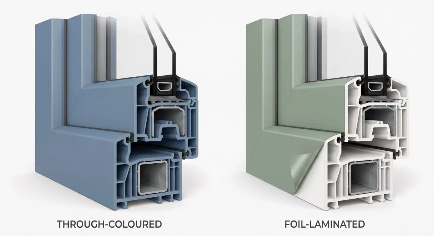 Side-by-side cross-section comparison of a through-coloured blue uPVC profile and a foil-laminated green profile with the laminate film peeling back to reveal the white base material.