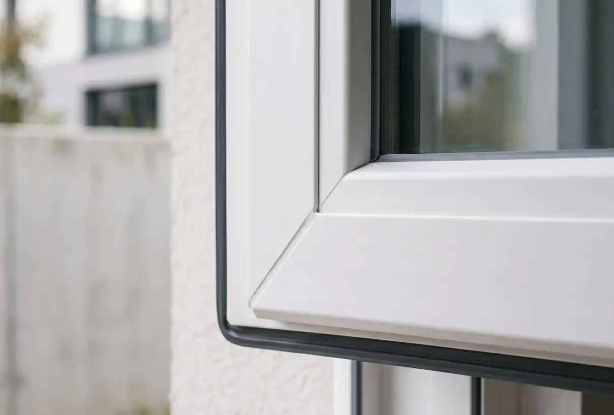 Close-up exterior view of a white uPVC window frame corner, showing the mitred joint and glazing seal against a blurred house facade.